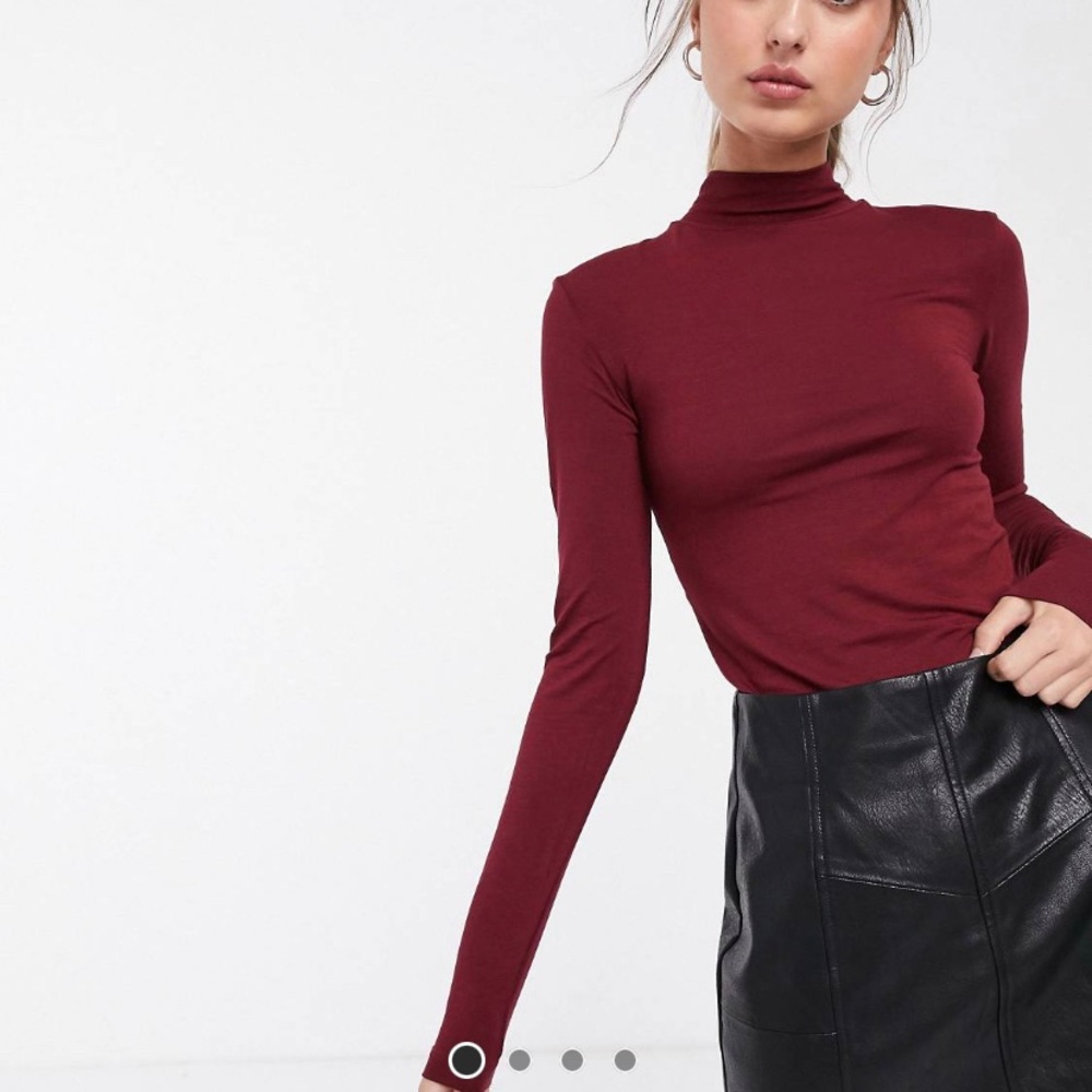 ASOS Stradivarius jersey roll neck top in burgundy